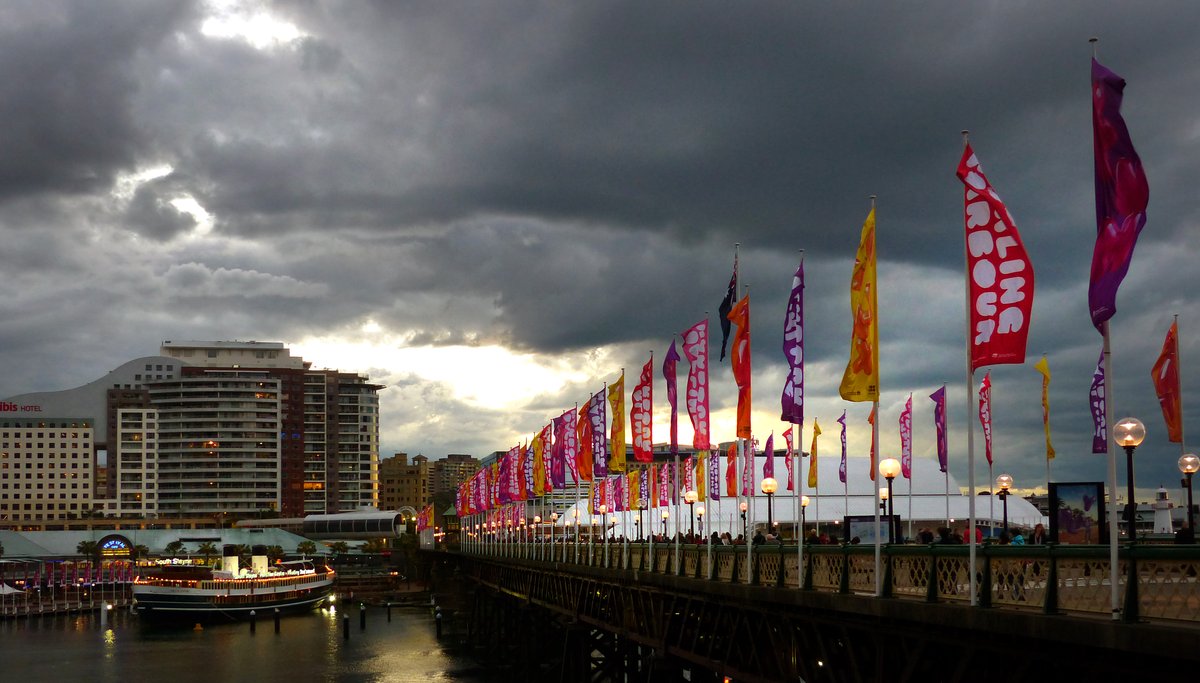 Approaching storm over Darling Harbour in Sydney with dark clouds gathering
