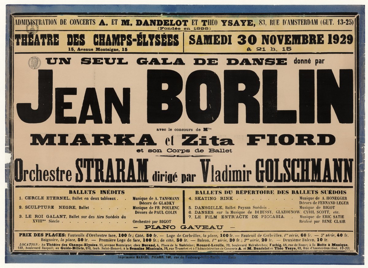 1929 theatrical ballet gala poster at Théâtre des Champs-Élysées Paris featuring Jean Börlin and dancers Miarka and Zita Fiord with choreographed ballets