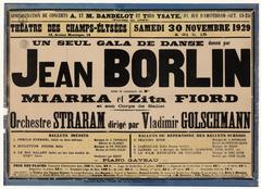 1929 theatrical ballet gala poster at Théâtre des Champs-Élysées Paris featuring Jean Börlin and dancers Miarka and Zita Fiord with choreographed ballets