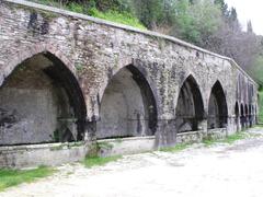 Ancient stone fountain in San Gimignano with surrounding benches and trees