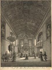 Engraving of the interior of the Queen's Chapel at St James's Palace with Latin inscription