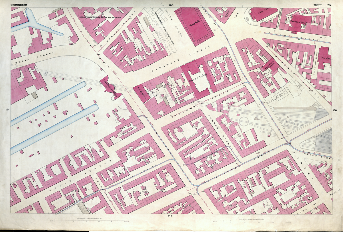 Historical map sheet from the New Survey of the Borough of Birmingham 1855 showing detailed streets and plots in Birmingham, England