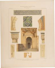 Architectural chromolithograph of Puerta de la Ley (Gate of Justice) in the Reales Alcázares of La Alhambra, Granada, detailed plan and elevation with ornamental elements.