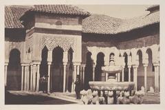 The Court of Lions in the Alhambra, Spain showing intricate Islamic architecture and fountain