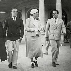 Adolfo Bioy Casares, Victoria Ocampo, and Jorge Luis Borges walking on the Rambla de Mar del Plata in 1935