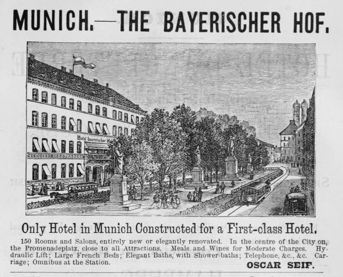 1885 Bayerischer Hof Munich hotel advertisement from Harpers Handbook for Travellers in Europe