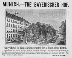 1885 Bayerischer Hof Munich hotel advertisement from Harpers Handbook for Travellers in Europe