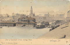 Postcard showing view west of Randolph Street in Chicago from the foot of Randolph Street