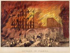 People fleeing across Randolph Street Bridge during the Chicago Fire of 1871
