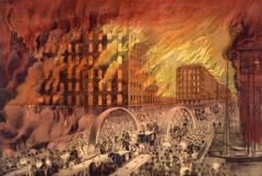 People fleeing across the Randolph Street Bridge during the Chicago Fire of 1871