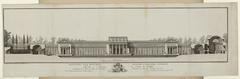 Architectural elevation of a monument dedicated to natural history in Paris, detailed etching showing the structure and design