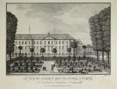 Early 19th century aquatint print titled '1ère Vue Du Jardin Des Plantes, à Paris, Le Cabinet d'Histoire Naturelle' showing gardeners planting flowers and natural history building with trees in boxes