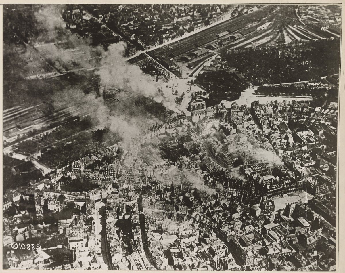 Aerial view of the city of Rheims during World War I showing devastated buildings and war damage