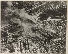 Aerial view of the city of Rheims during World War I showing devastated buildings and war damage