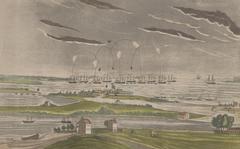 Bombardment of Fort McHenry near Baltimore by British fleet led by Admirals Cochrane and Cockburn on September 13, 1814, hand-colored etching print