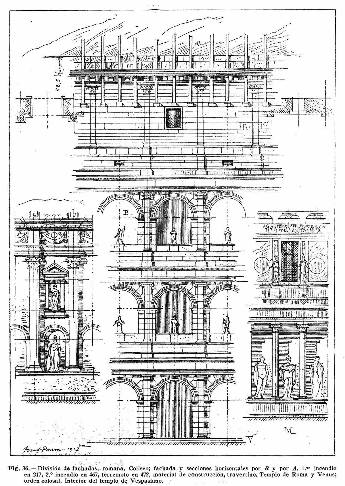 Roman facade division and sections of the Colosseum including construction details and historical events