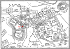 Map of ancient downtown Rome highlighting the Temple of Vespasian