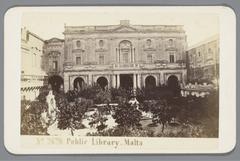 Piazza Tesoreria in Valletta, Malta in the 1860s with the statue of Grand Master de Vilhena, surrounded by a fenced British orchard