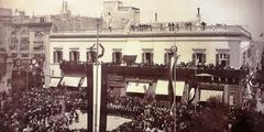 Historic black and white photograph of Piazza Regina during the 1913 Congress of Malta