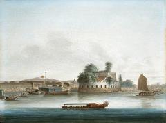 Chinese school building resembling a fort on the Canton River during the First China War