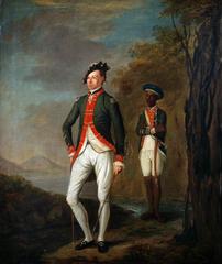 A British officer of a Madras Sepoy Battalion in historical military uniform, possibly Captain Mathias Calvert, 18th century