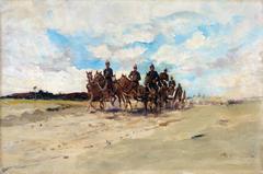 Royal Artillery field gun team on the march in historical military photograph