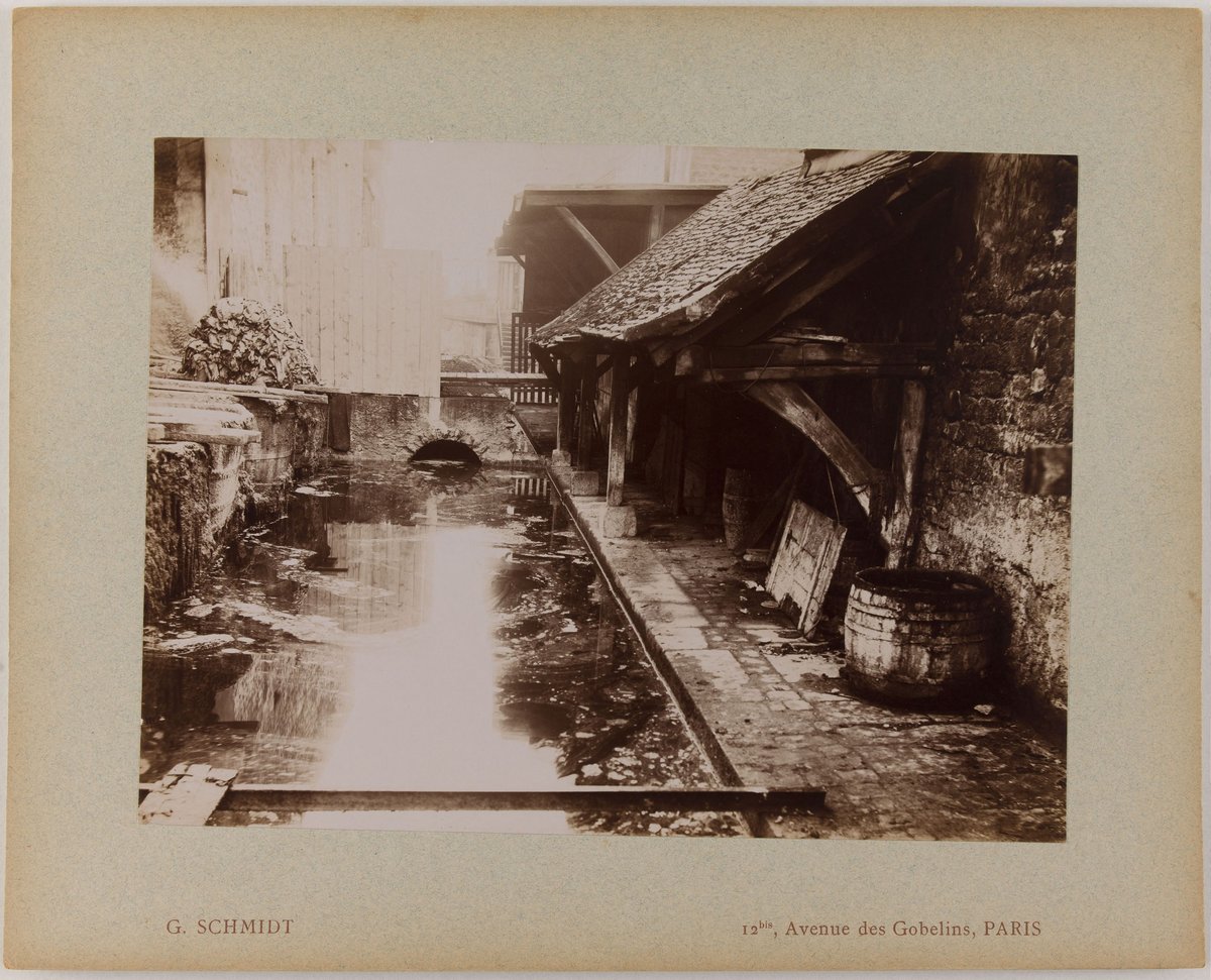 19th-century photograph of the Gobelins dyeing workshop along the Bièvre river in the 13th arrondissement, Paris