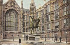 Colourised photograph of King Richard I equestrian statue in Old Palace Yard with cannon sculptures, circa 1905