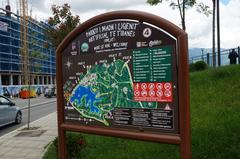 Detailed map of the Artificial Lake Park in Tirana showing paths, water bodies, and surrounding areas