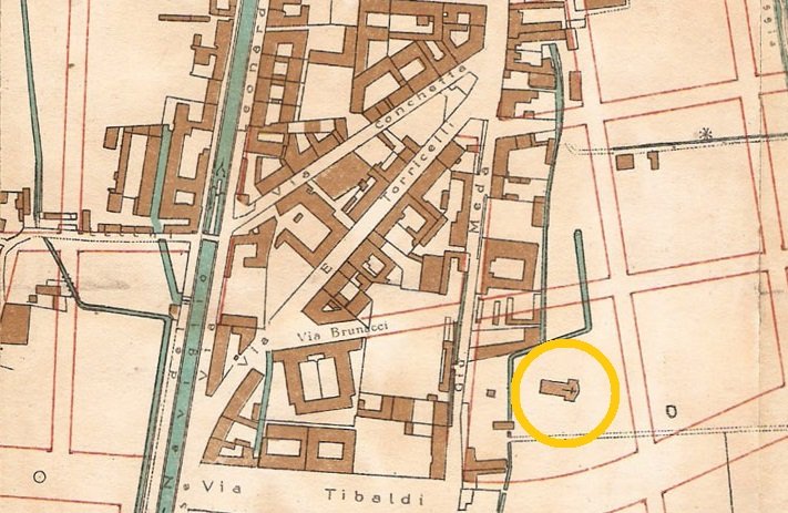 Historic map of Porta Ticinese area in Milan from 1906 showing the planned Church of Santa Maria di Caravaggio with a yellow circle highlight