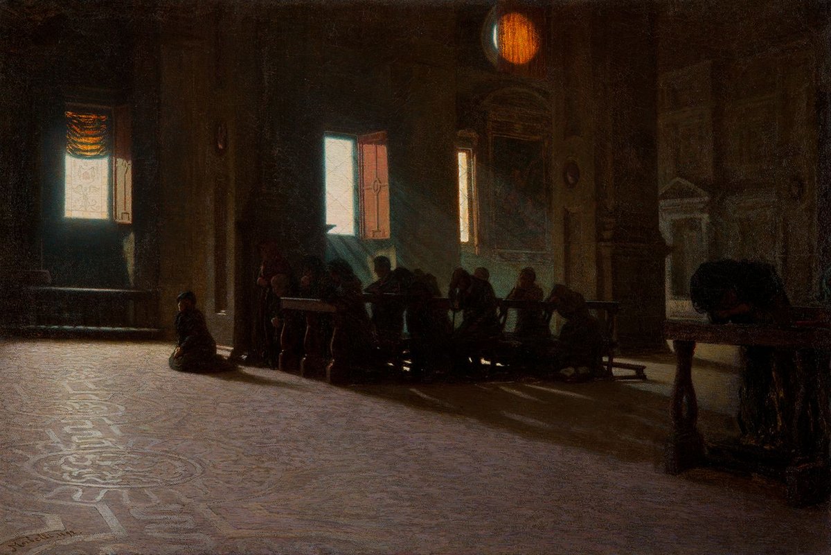 Painting of men in a church during a religious ceremony with incense