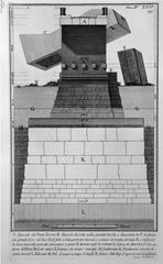 Intricately detailed architectural etching by Piranesi depicting ancient ruins with complex structural elements