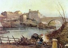 View of Ponte Cestio bridge and Tiber Island in Rome