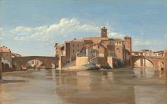 Landscape painting of the island and San Bartolomeo bridge in Rome by Jean-Baptiste-Camille Corot