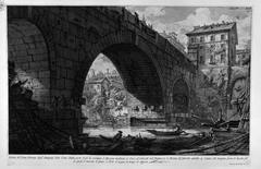 Engraving of an ancient Roman architectural scene with a crumbling temple and a dramatic sky