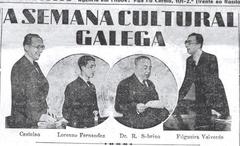 Cultural event Semana Cultural Galega 1935 in Porto with people gathered around a float
