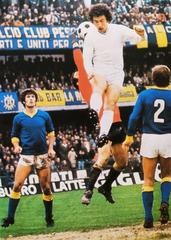 Napoli forward Giuseppe Savoldi jumping during Serie A match against Hellas Verona 1975