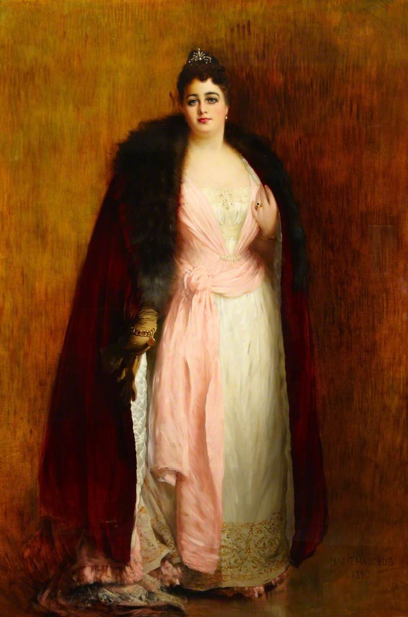 Portrait of Ada Lewis-Hill in white silk evening dress with pink overlay and dark fur coat