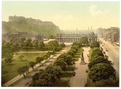 Princess Street and Edinburgh Castle from Scott's Monument in Edinburgh, Scotland