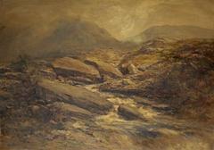 River scene with rocks in the foreground and hills beyond by Francis Abel William Taylor Armstrong
