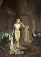 Painting Eve of St Agnes by Frederick George Swaine depicting a pensive young woman dreaming