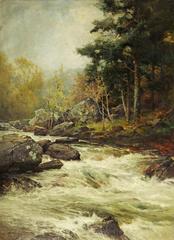 Painting of a peaceful mountain stream flowing through a rocky valley with stones and greenery