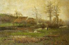 Oil painting of a fisherman standing in front of a charming cottage near a river