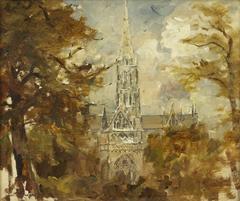 Cathedral seen between trees possibly Salisbury