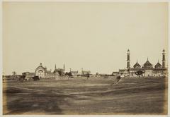 A distant view of the Bara Imambara complex in Lucknow with historical architecture