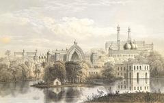 View of the Great Imambara and the Rumi Darwaza gate in Lucknow as seen from the Moosah Bagh end of the city