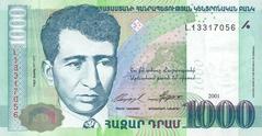 1000 Armenian dram banknote from 2001 obverse side