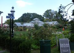 Greenhouse in Sailors Snug Harbor on a partly cloudy afternoon