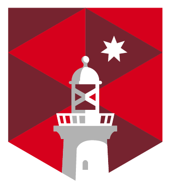 Macquarie University logo featuring a stylized shield with blue and gold elements