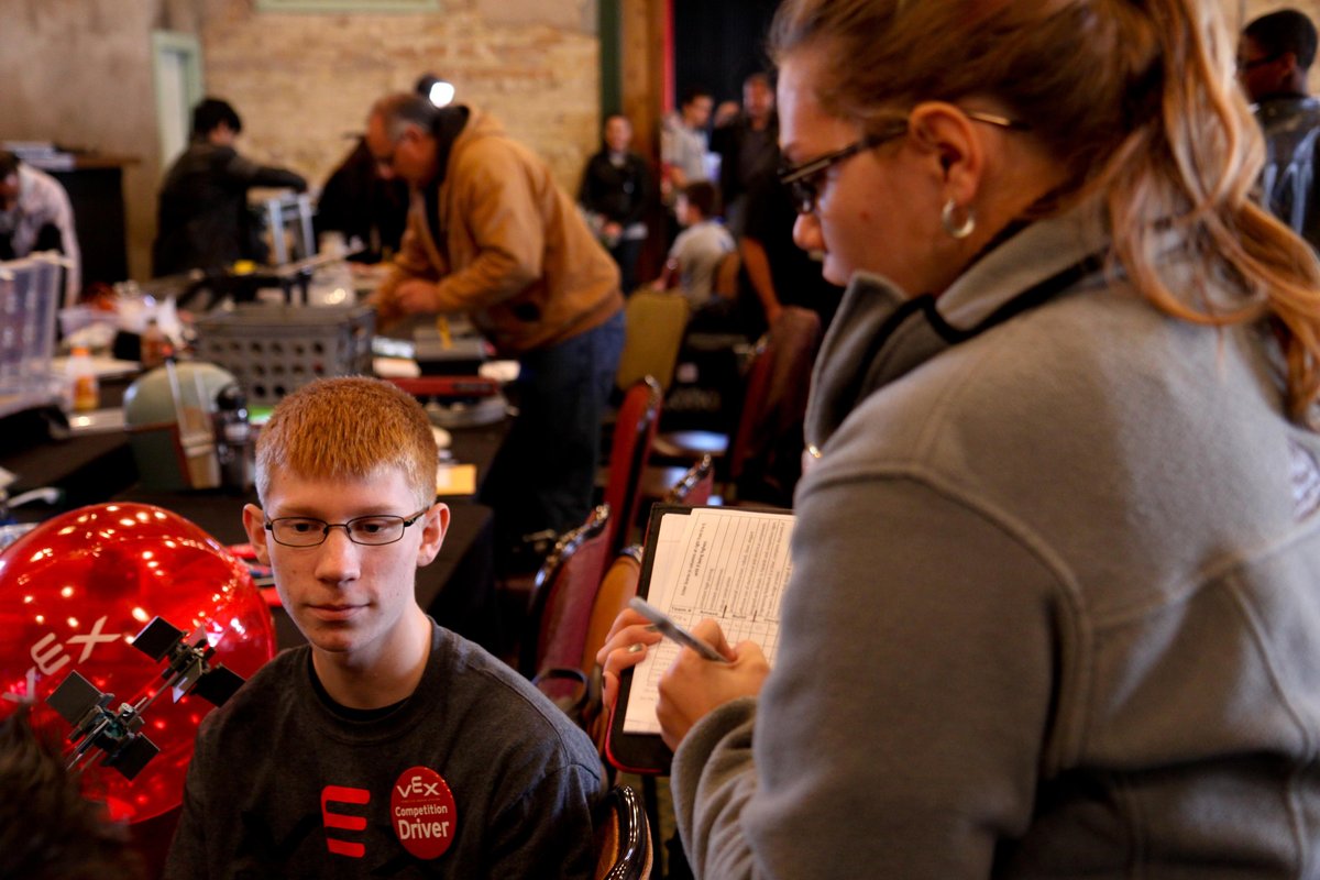 Junior student Alex Lee answering judging questions during 2014 VEX All-American Robotics Competition at Sunset Station San Antonio